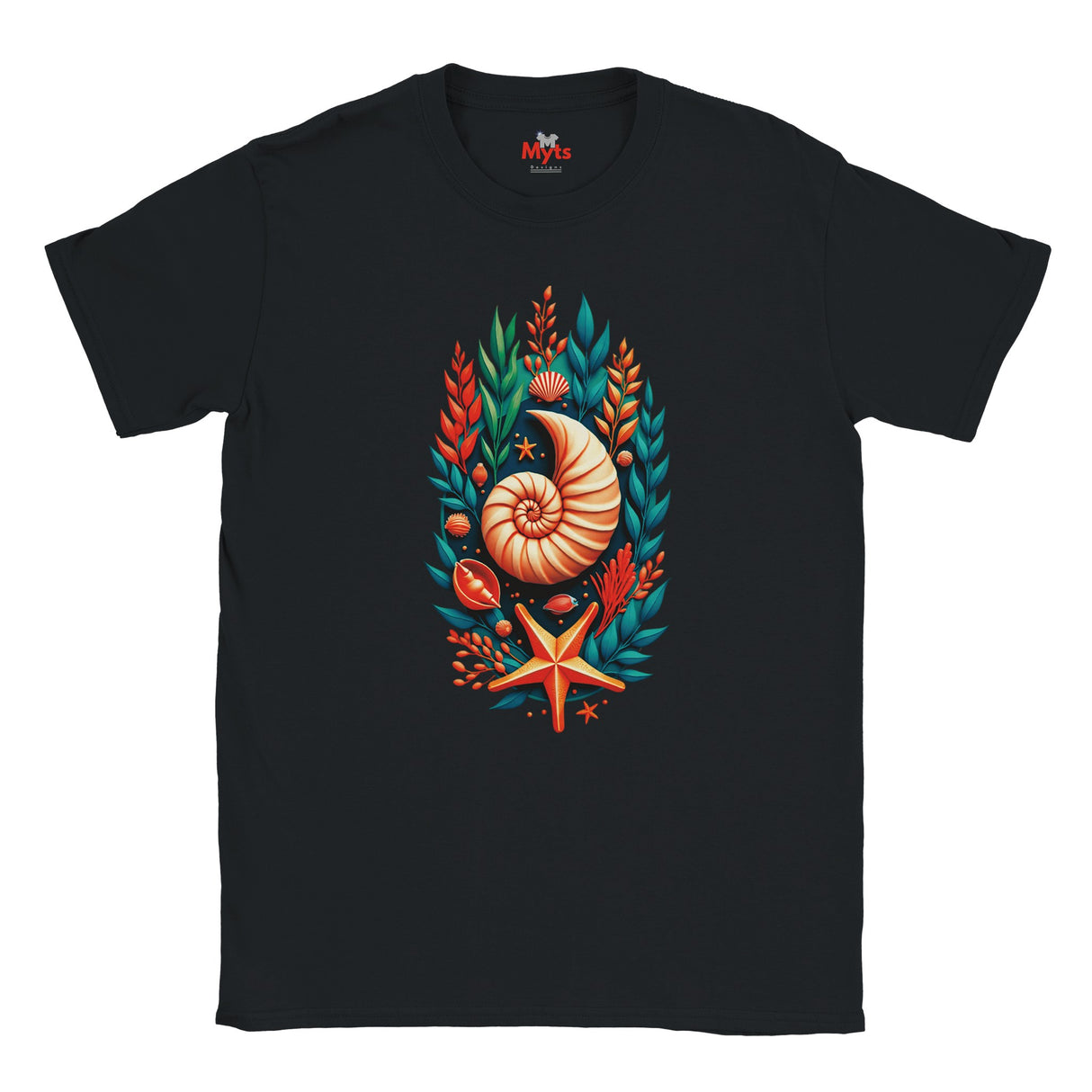 A black short-sleeve crewneck t-shirt featuring a colorful graphic print of a nautilus shell, starfish, and seashells surrounded by tropical leaves on the chest, shown against a plain white background.