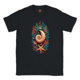 A black short-sleeve crewneck t-shirt featuring a colorful graphic print of a nautilus shell, starfish, and seashells surrounded by tropical leaves on the chest, shown against a plain white background.