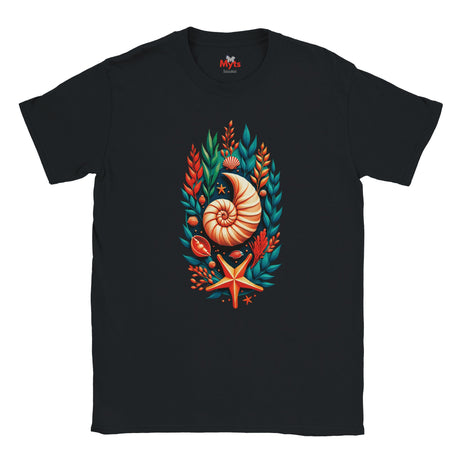 A black short-sleeve crewneck t-shirt featuring a colorful graphic print of a nautilus shell, starfish, and seashells surrounded by tropical leaves on the chest, shown against a plain white background.