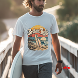 Man wearing white Broken Relic vintage surf graphic T-shirt
