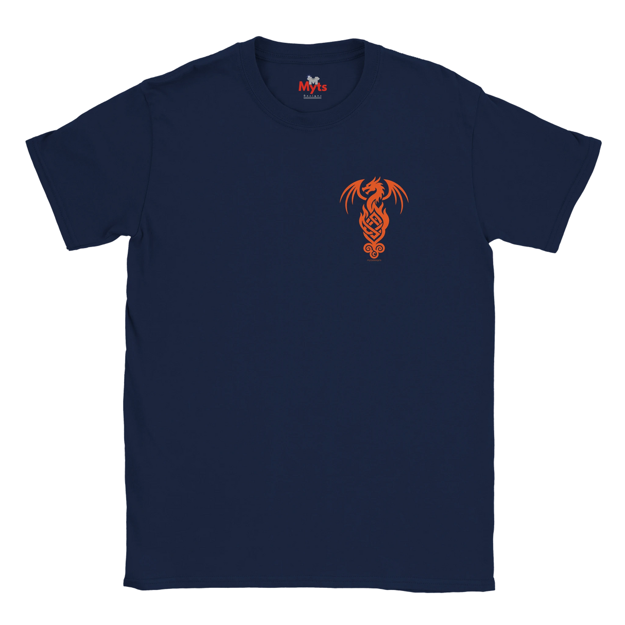 A navy blue short-sleeve crewneck t-shirt with a small orange dragon graphic printed on the left chest, displayed against a solid white background.