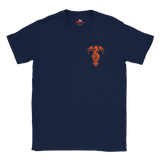 A navy blue short-sleeve crewneck t-shirt with a small orange dragon graphic printed on the left chest, displayed against a solid white background.