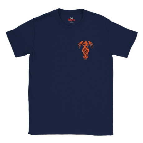 A navy blue short-sleeve crewneck t-shirt with a small orange dragon graphic printed on the left chest, displayed against a solid white background.