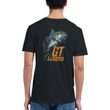 Black t-shirt with a fish graphic and 'GT Legend' text on the back, worn by a person.
