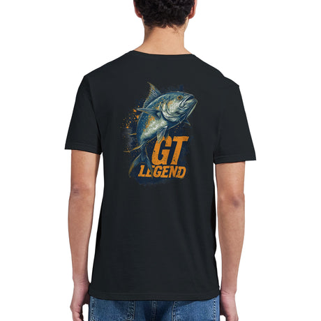 Black t-shirt with a fish graphic and 'GT Legend' text on the back, worn by a person.
