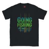 Black t-shirt with 'Going Fishing' graphic design on a white background