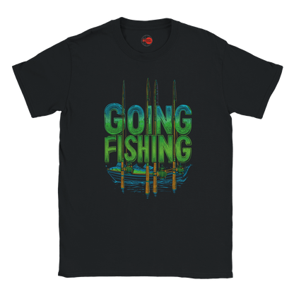 Black t-shirt with 'Going Fishing' graphic design on a white background