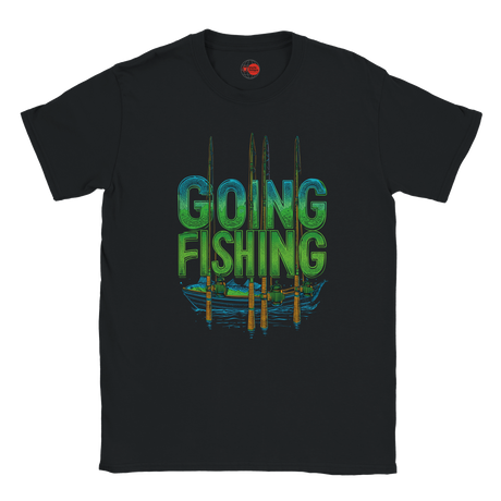 Black t-shirt with 'Going Fishing' graphic design on a white background