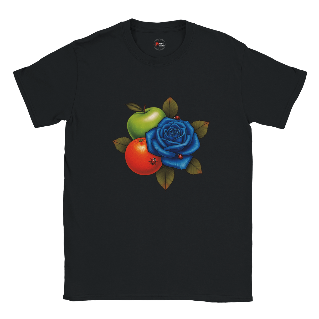 Black t-shirt with a colorful design of an apple, orange, and blue rose on a white background