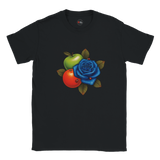 Black t-shirt with a colorful design of an apple, orange, and blue rose on a white background
