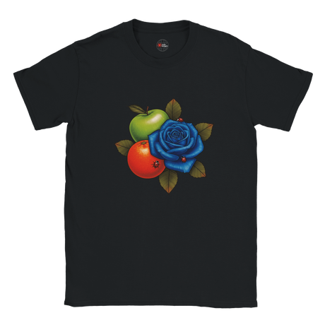 Black t-shirt with a colorful design of an apple, orange, and blue rose on a white background
