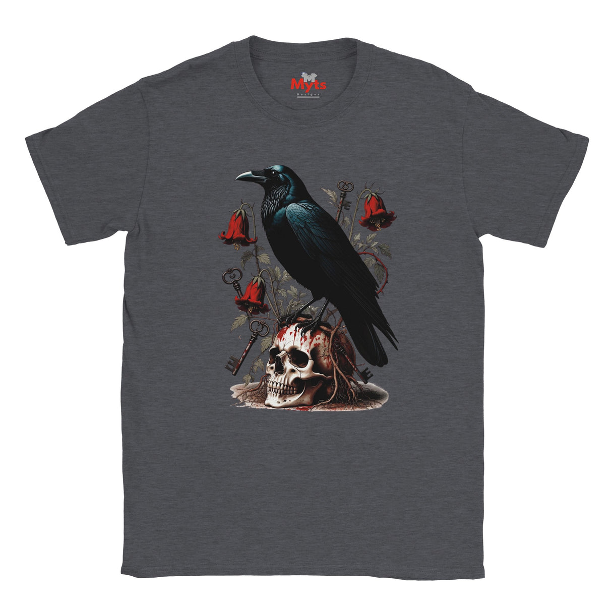 A dark heather gray t-shirt featuring a gothic graphic print of a black raven perched on a skull, surrounded by red bells and keys.