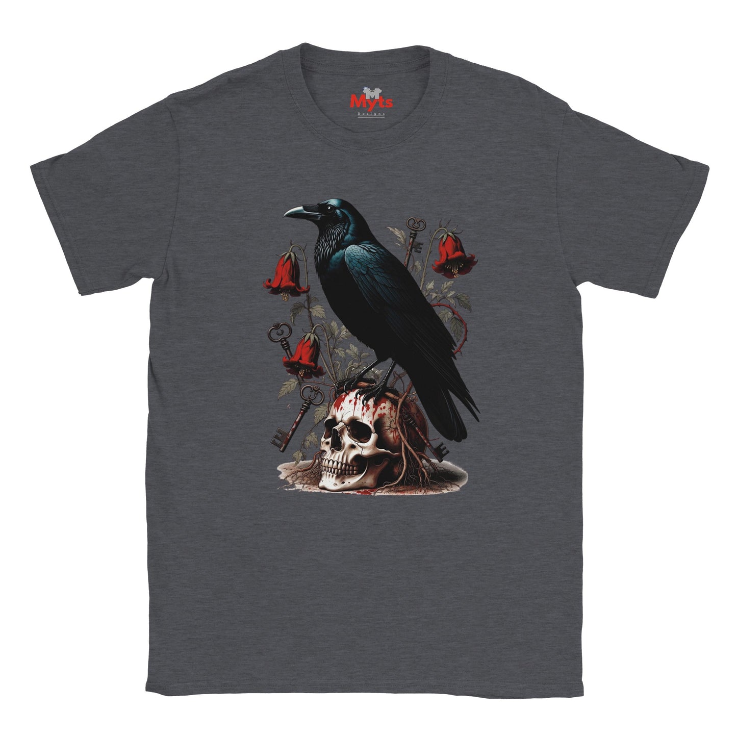 A dark heather gray t-shirt featuring a gothic graphic print of a black raven perched on a skull, surrounded by red bells and keys.
