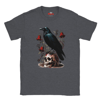 A dark heather gray t-shirt featuring a gothic graphic print of a black raven perched on a skull, surrounded by red bells and keys.