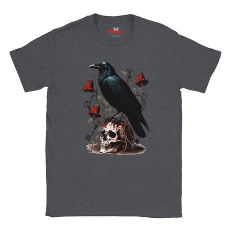 A dark heather gray t-shirt featuring a gothic graphic print of a black raven perched on a skull, surrounded by red bells and keys.