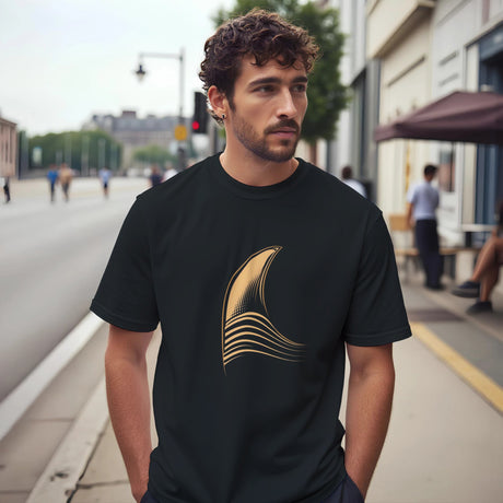 Man wearing a black t-shirt with a gold logo on a city street.