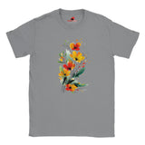“Sports Grey T-shirt featuring a vibrant wildflower bouquet design in artistic watercolor style with red, yellow, and green tones, exclusive to MytsDesigns.com”