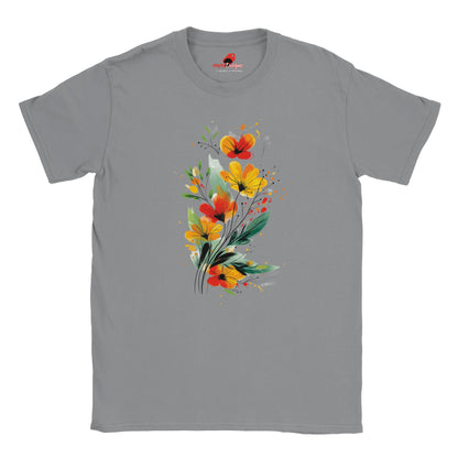 “Sports Grey T-shirt featuring a vibrant wildflower bouquet design in artistic watercolor style with red, yellow, and green tones, exclusive to MytsDesigns.com”
