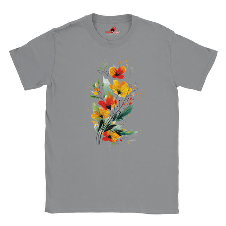 “Sports Grey T-shirt featuring a vibrant wildflower bouquet design in artistic watercolor style with red, yellow, and green tones, exclusive to MytsDesigns.com”