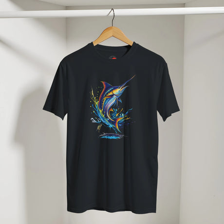 Black t-shirt with a colorful fish design on a hanger against a white wall.