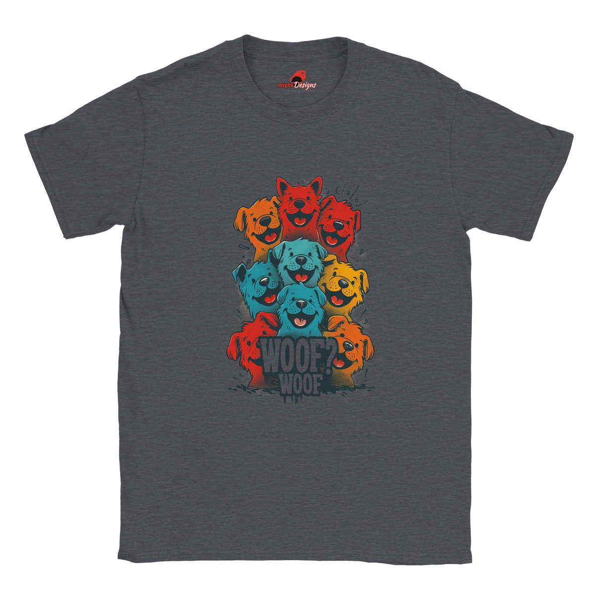 A flat lay dark heather T-shirt featuring a vibrant graphic of cartoon puppies stacked in red, orange, blue, and yellow hues, with the playful text “WOOF? WOOF” below the design.