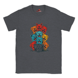A flat lay dark heather T-shirt featuring a vibrant graphic of cartoon puppies stacked in red, orange, blue, and yellow hues, with the playful text “WOOF? WOOF” below the design.