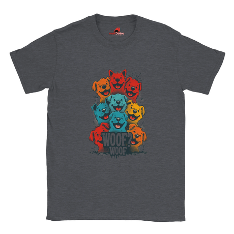 A flat lay dark heather T-shirt featuring a vibrant graphic of cartoon puppies stacked in red, orange, blue, and yellow hues, with the playful text “WOOF? WOOF” below the design.
