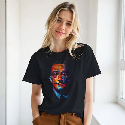 Person wearing a black t-shirt with a colorful graphic design, standing indoors.