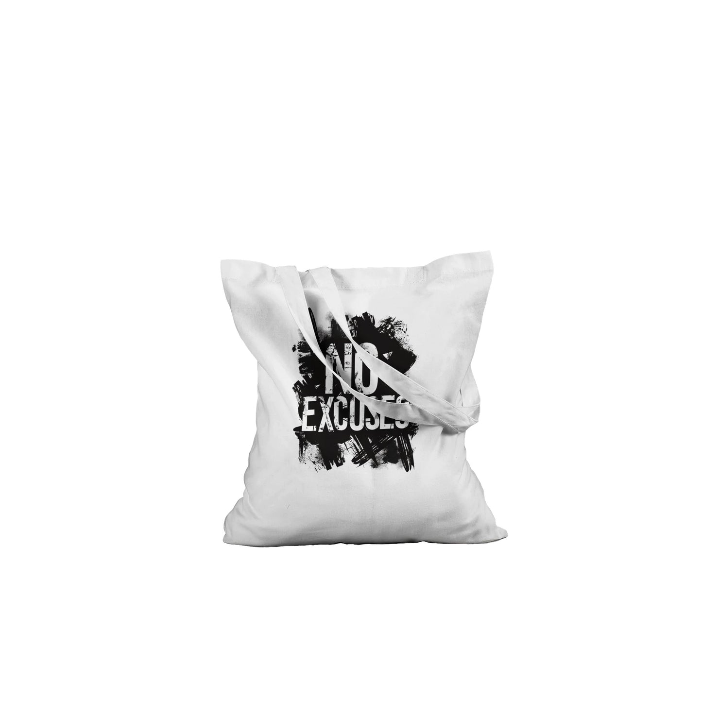 White tote bag with 'No Excuses' text on a white background