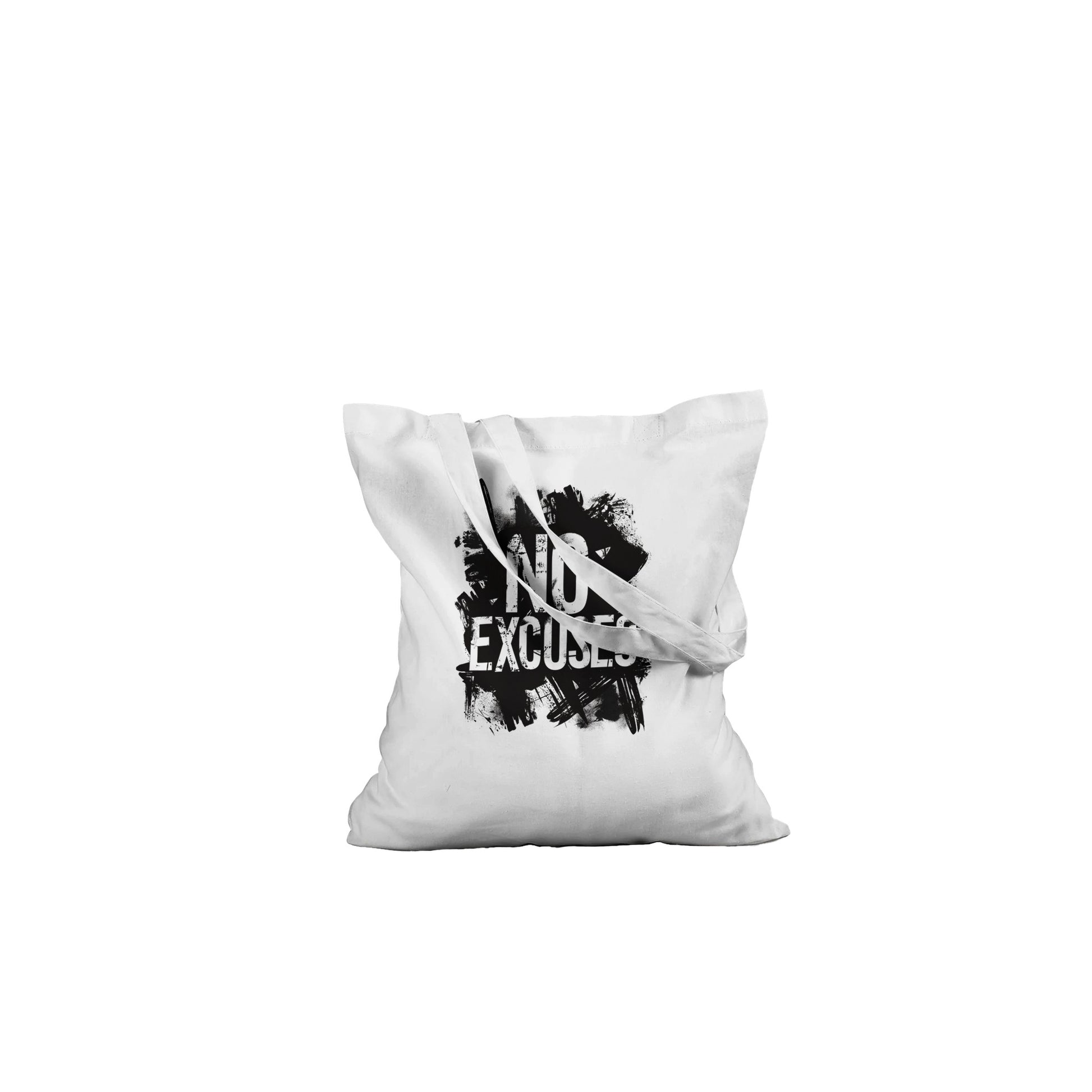 White tote bag with 'No Excuses' text on a white background
