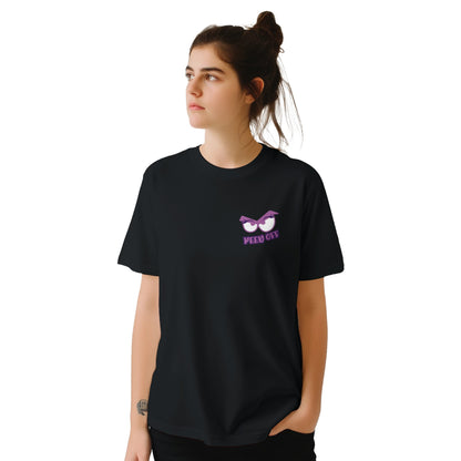 Person wearing a black t-shirt with a graphic design on a white background