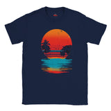Navy blue t-shirt with a sunset and palm tree design on a white background