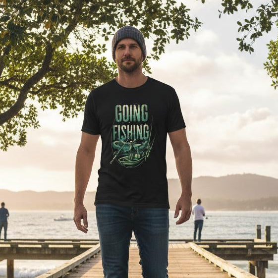 Man walking on a wooden dock by a lake, wearing a black t-shirt with 'Going Fishing' text.