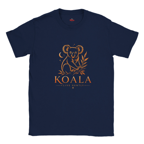 A navy blue short-sleeve crewneck t-shirt featuring a gold graphic of a koala sitting on a eucalyptus branch above the text 'KOALA LIVE GENTLY'.