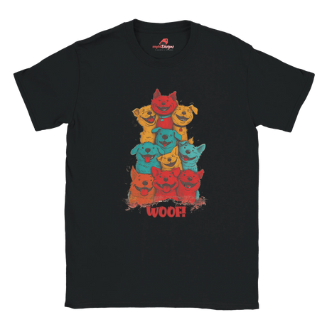 A flat lay black T-shirt featuring a vibrant graphic of cartoon puppies stacked in red, orange, blue, and yellow hues, with the playful text “WOOF!” below the design.