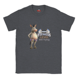 Dark Heather unisex fitness humour T-shirt featuring a smiling donkey and Fitness Level Still Trying workout design.