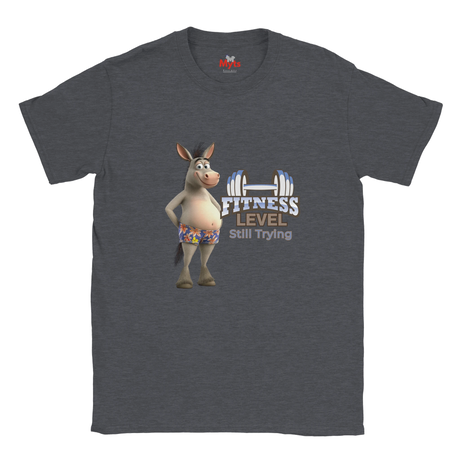 Dark Heather unisex fitness humour T-shirt featuring a smiling donkey and Fitness Level Still Trying workout design.