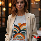 A woman wearing a light beige blazer over an ice grey T-shirt with a colorful retro arch graphic and the word 'UNBOUND' printed on the front. The text 'Ice Grey' is visible in the top right corner, and a 'Myts' brand logo is in the bottom right.