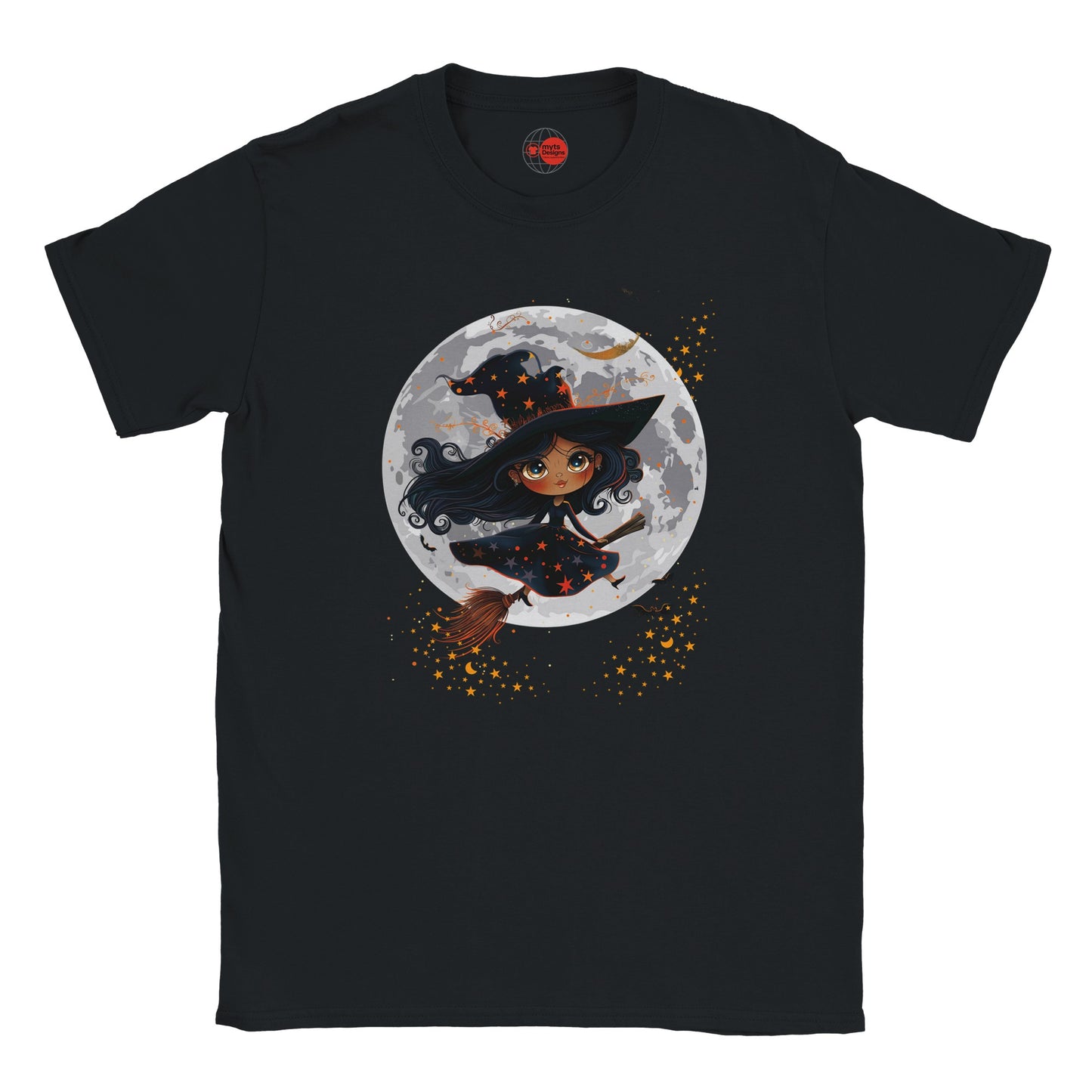 Black t-shirt with a witch design on a full moon background