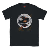 Black t-shirt with a witch design on a full moon background
