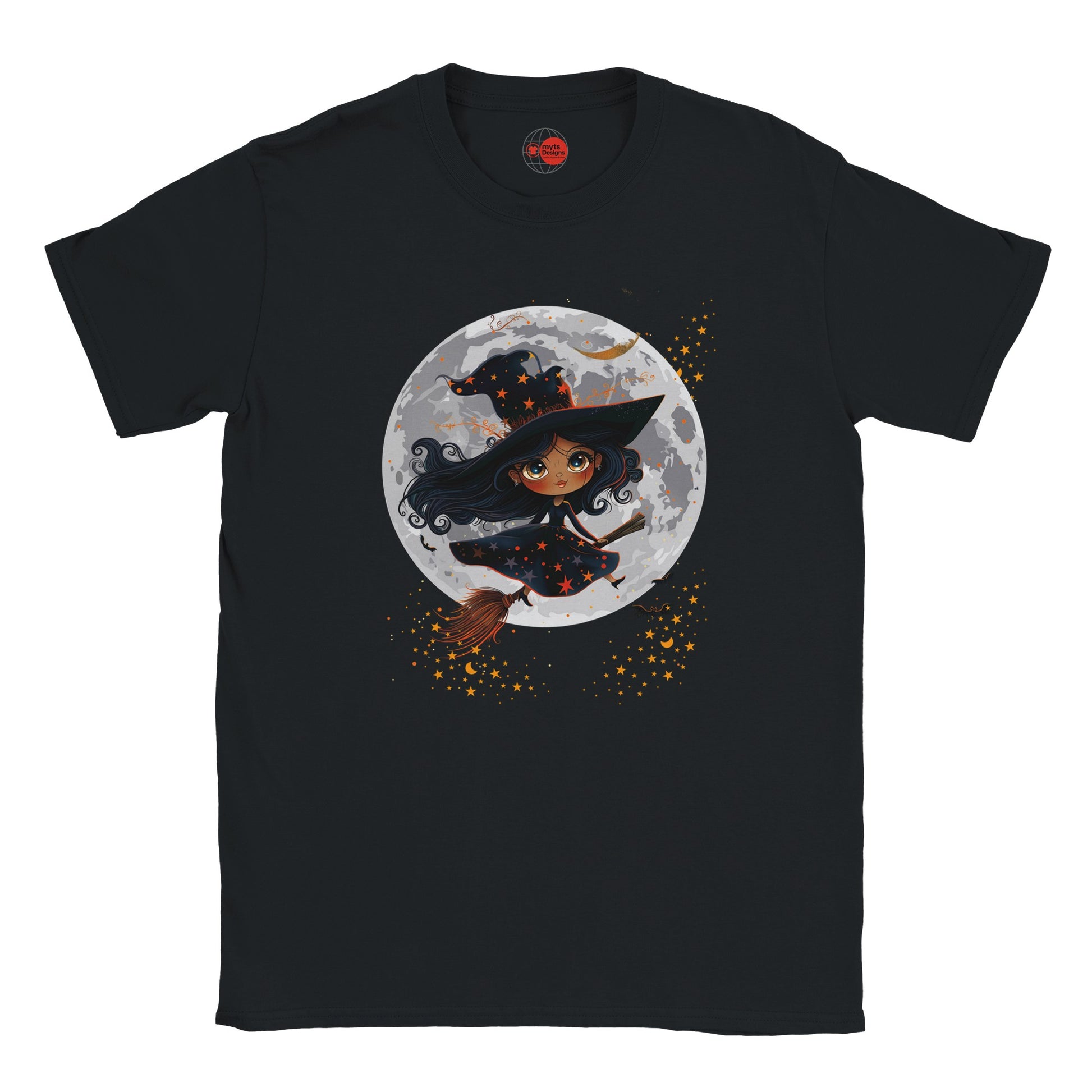 Black t-shirt with a witch design on a full moon background