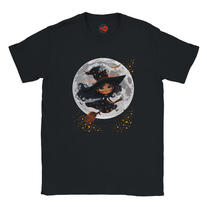 Black t-shirt with a witch design on a full moon background