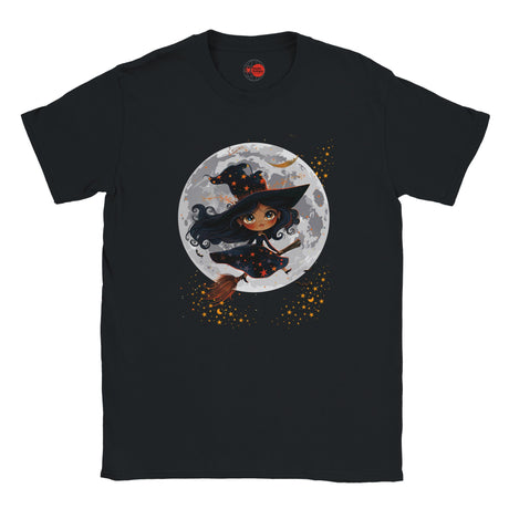 Black t-shirt with a witch design on a full moon background