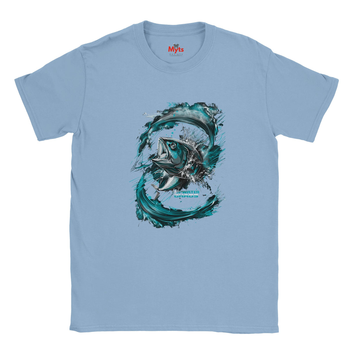 Light blue t-shirt with a fish graphic and 'Myts' branding on a white background