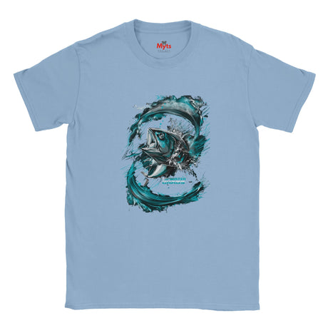 Light blue t-shirt with a fish graphic and 'Myts' branding on a white background
