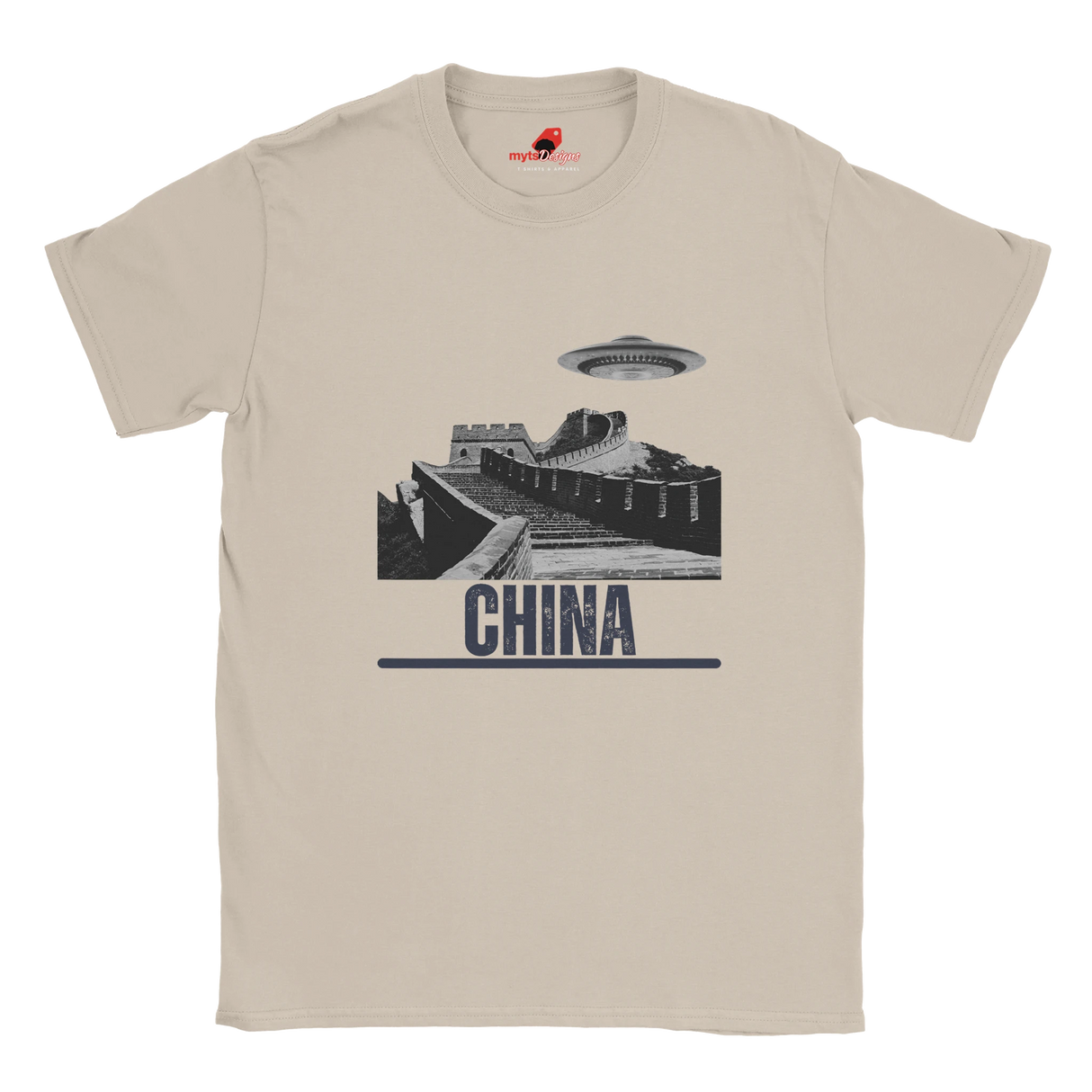 “Neutral T-shirt with a vintage black-and-white Great Wall of China illustration and a UFO hovering above it, labeled ‘CHINA,’ designed by MytsDesigns.com”

