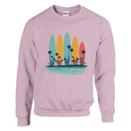 Pink sweatshirt with colorful surfboard design and palm trees on a white background