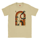 A Natrural crewneck T-shirt featuring a large, distressed graphic of the word 'UNBOUND' in orange, brown, and black abstract lettering, with the brand name 'Myts' printed inside the collar.