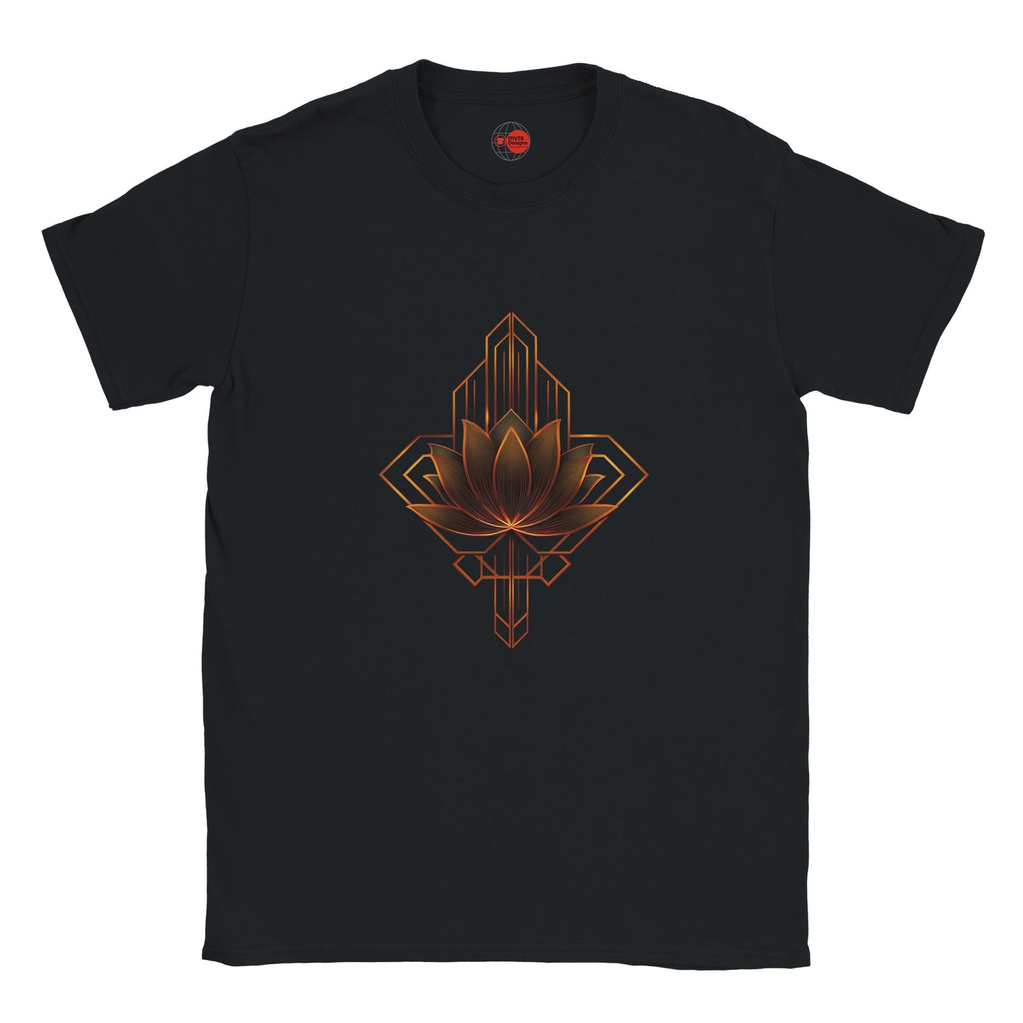 Black t-shirt with a geometric lotus design on a white background