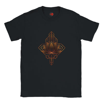 Black t-shirt with a geometric lotus design on a white background